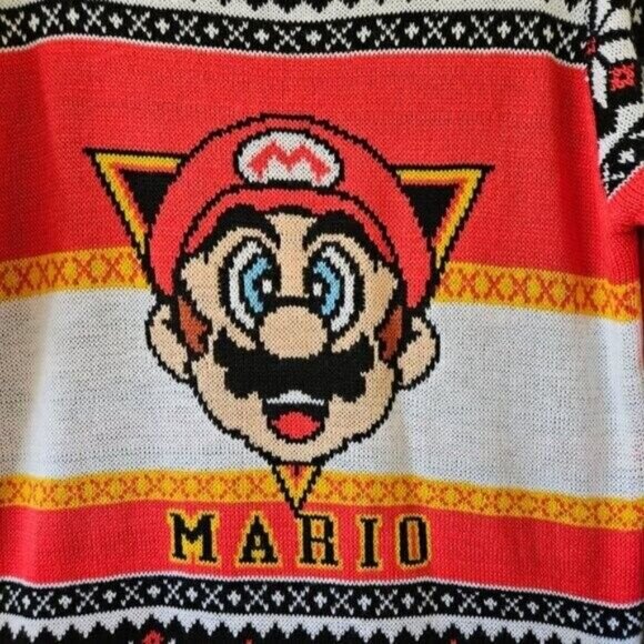Super Mario Sweater Mens XL Multicolor Crewneck AOP Geo Gamer XMas Colorful LS - Picture 15 of 15